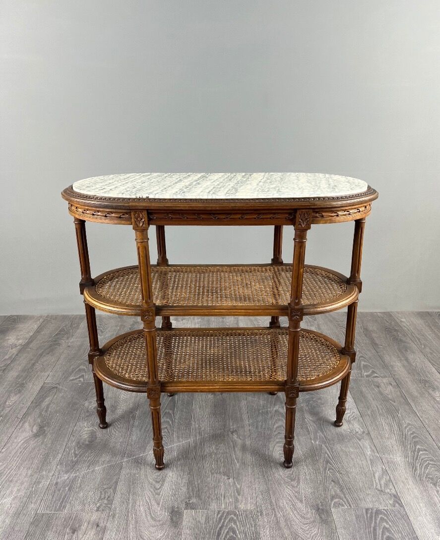 Table desserte de style Louis XVI en bois sculpté, marbre et cannage, XIXe Siècle
