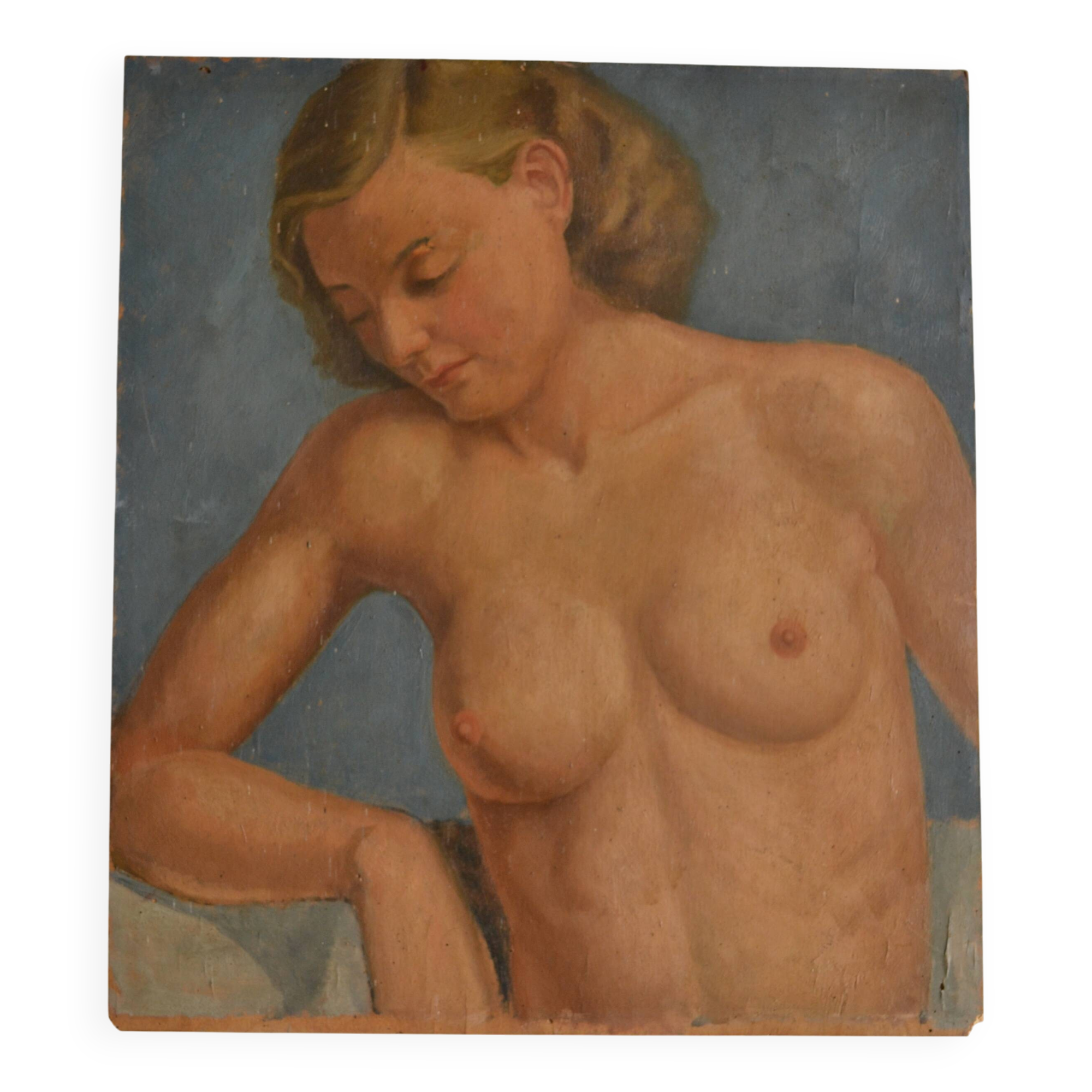 Old painting portrait nude woman oil on panel