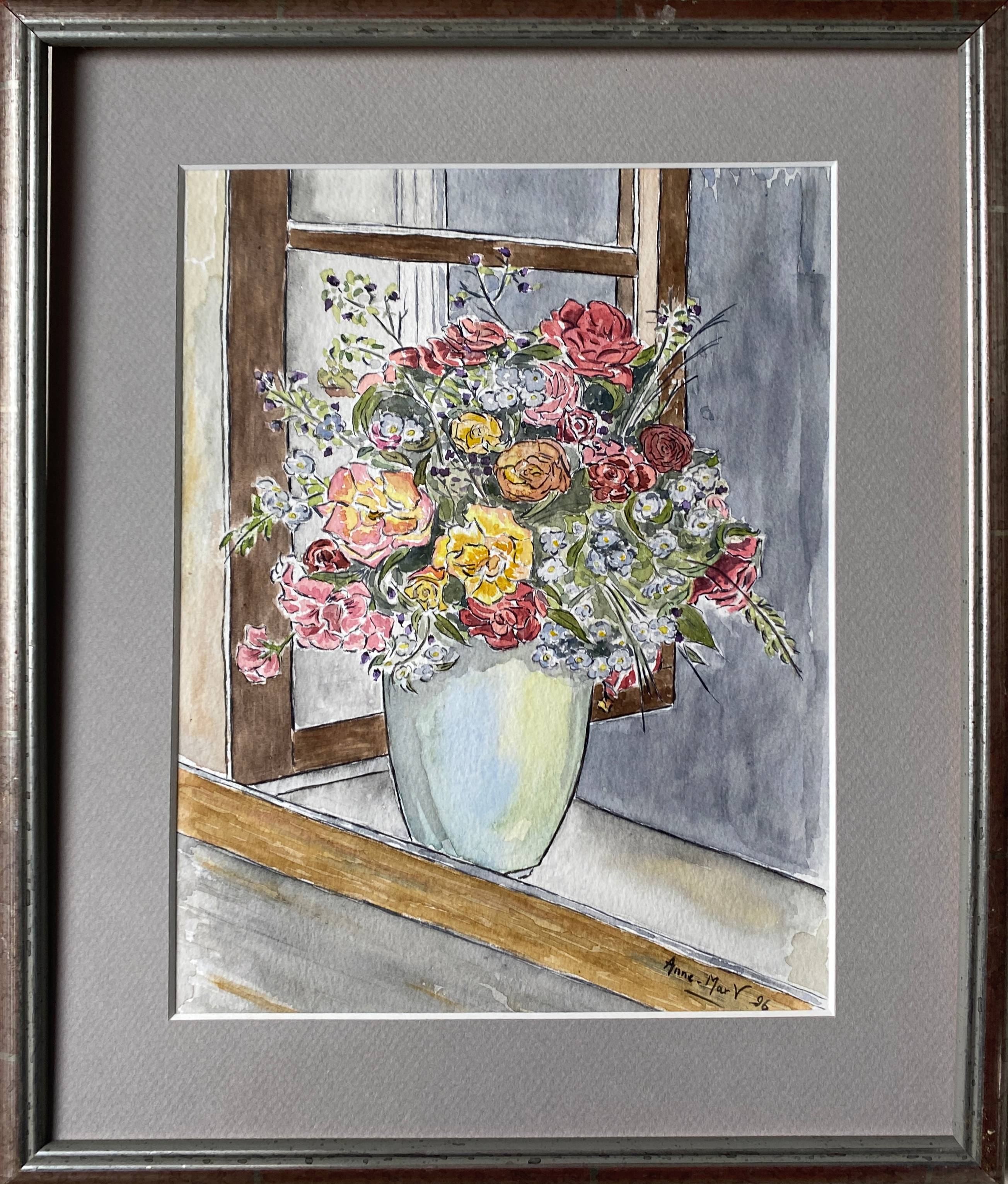Watercolor painting "Bouquet of flowers on the window" + frame