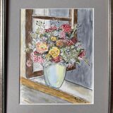 Watercolor painting "Bouquet of flowers on the window" + frame