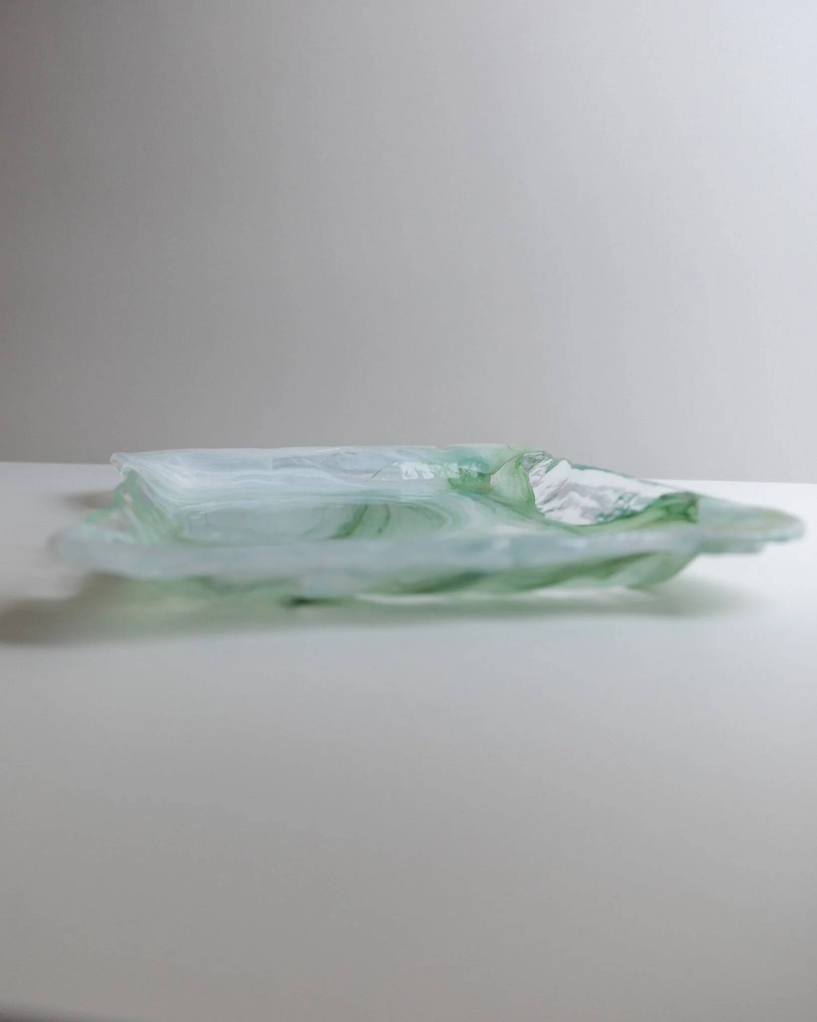 Vintage Murano Glass Tray in Green and White Swirls - Handmade Italian Glass, Mid-Century 1970s