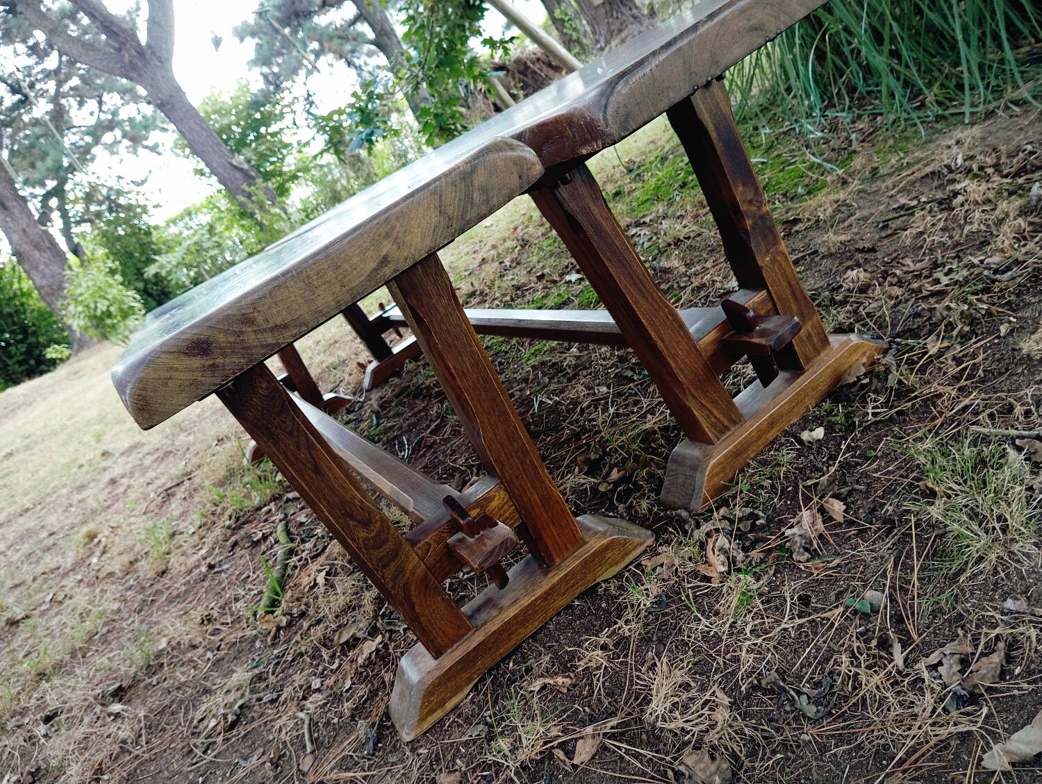 Pair of solid cherry wood farmhouse benches, 1950/60