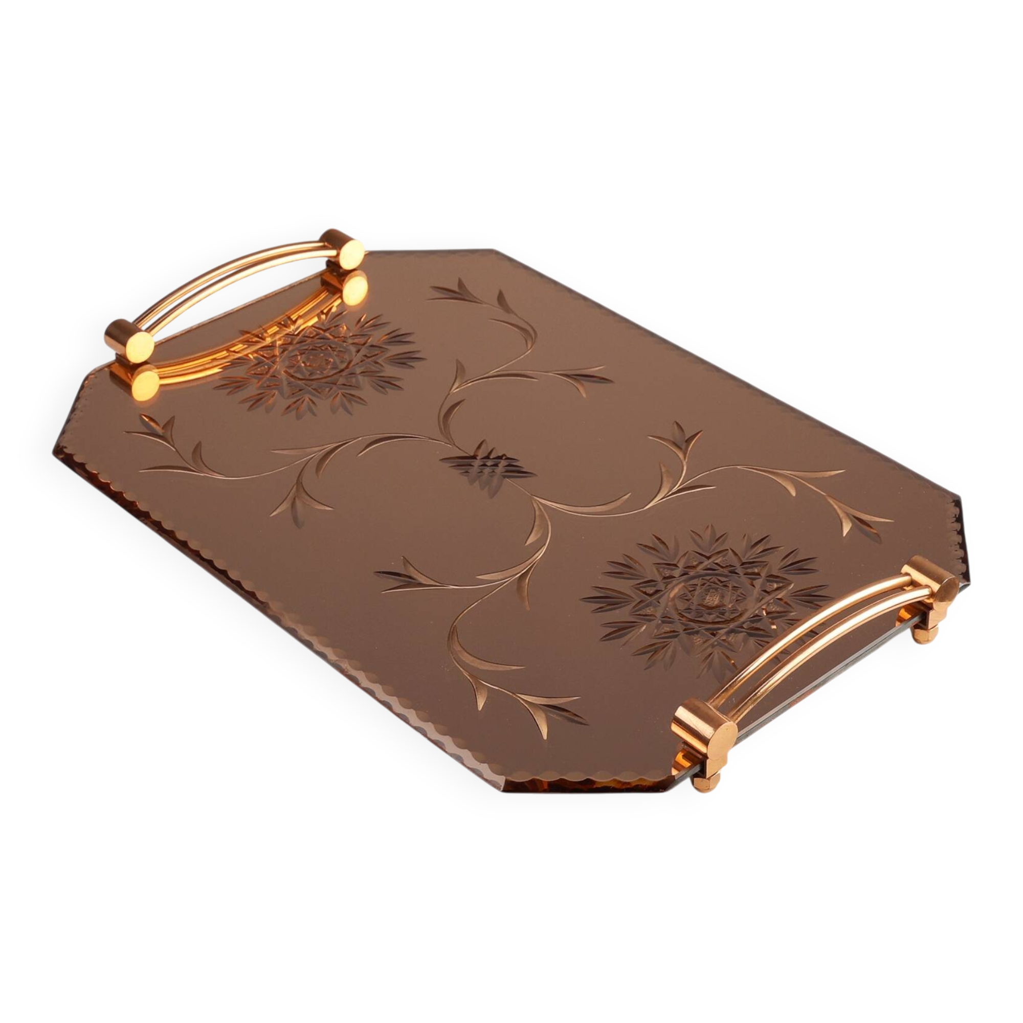 Art Deco Mirrored Glass and Copper Tray, Belgium ca. 1920