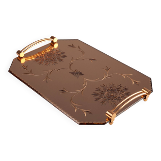 Art Deco Mirrored Glass and Copper Tray, Belgium ca. 1920