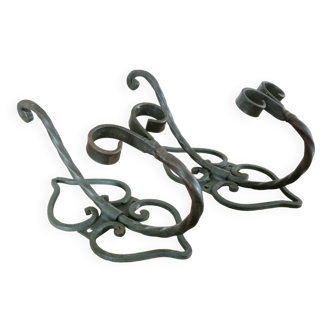 Pair of green lacquered wrought iron wall hooks, art deco, 1930s 40s