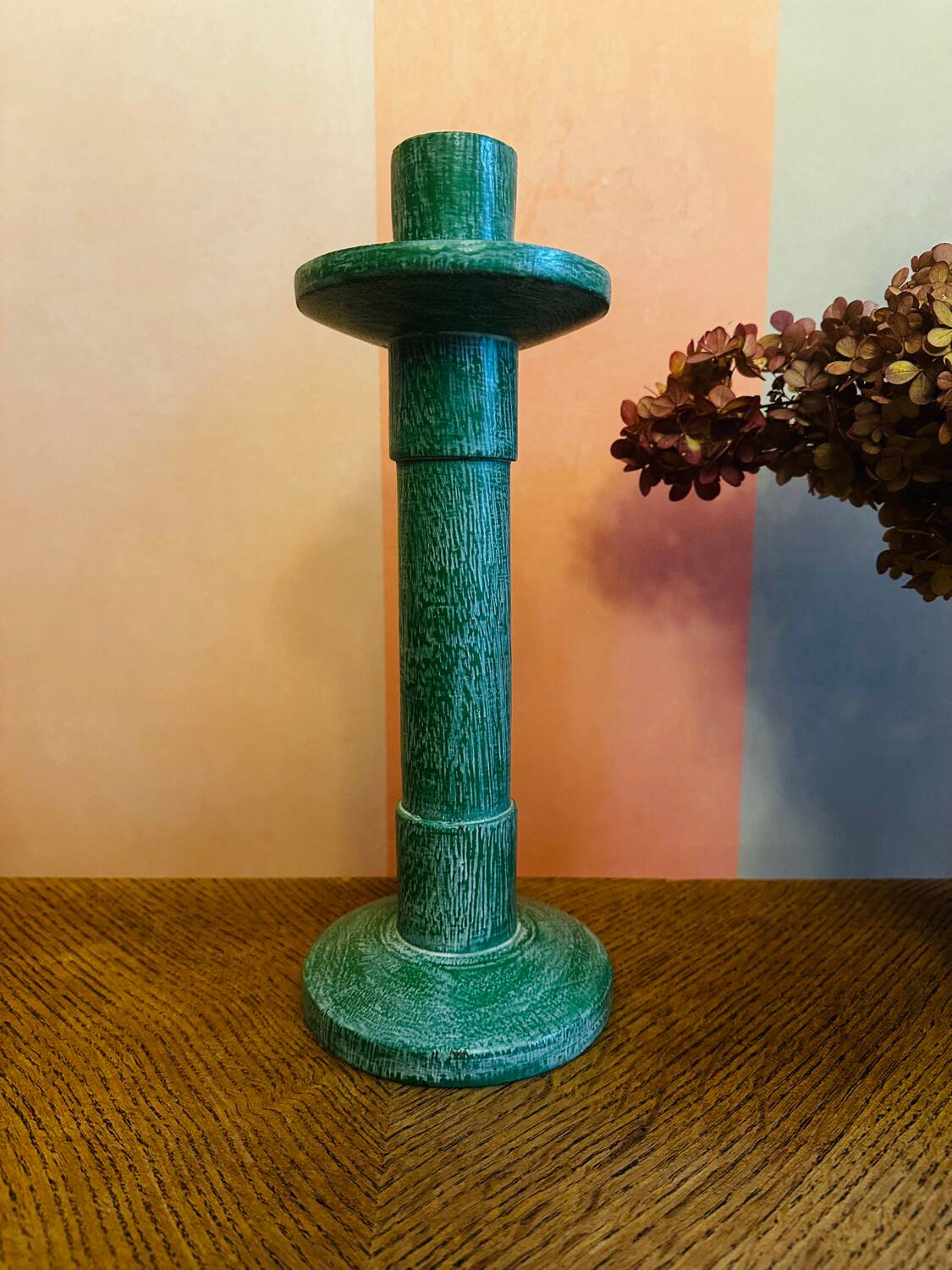 Vintage green wooden candle holder