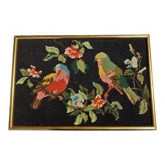Vintage tapestry framed birds black background