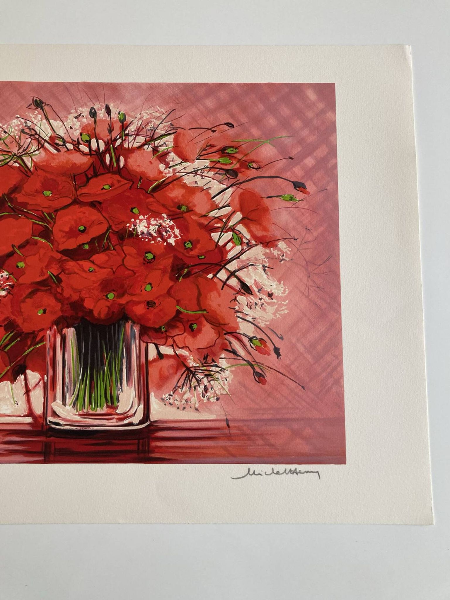 Lithographie originale signée Michel Henry - Bouquet de Coquelicots