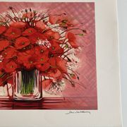 Lithographie originale signée Michel Henry - Bouquet de Coquelicots