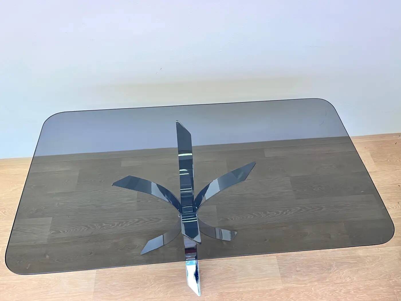 1970s Mid-century steel chrome and smoked glass dining table
