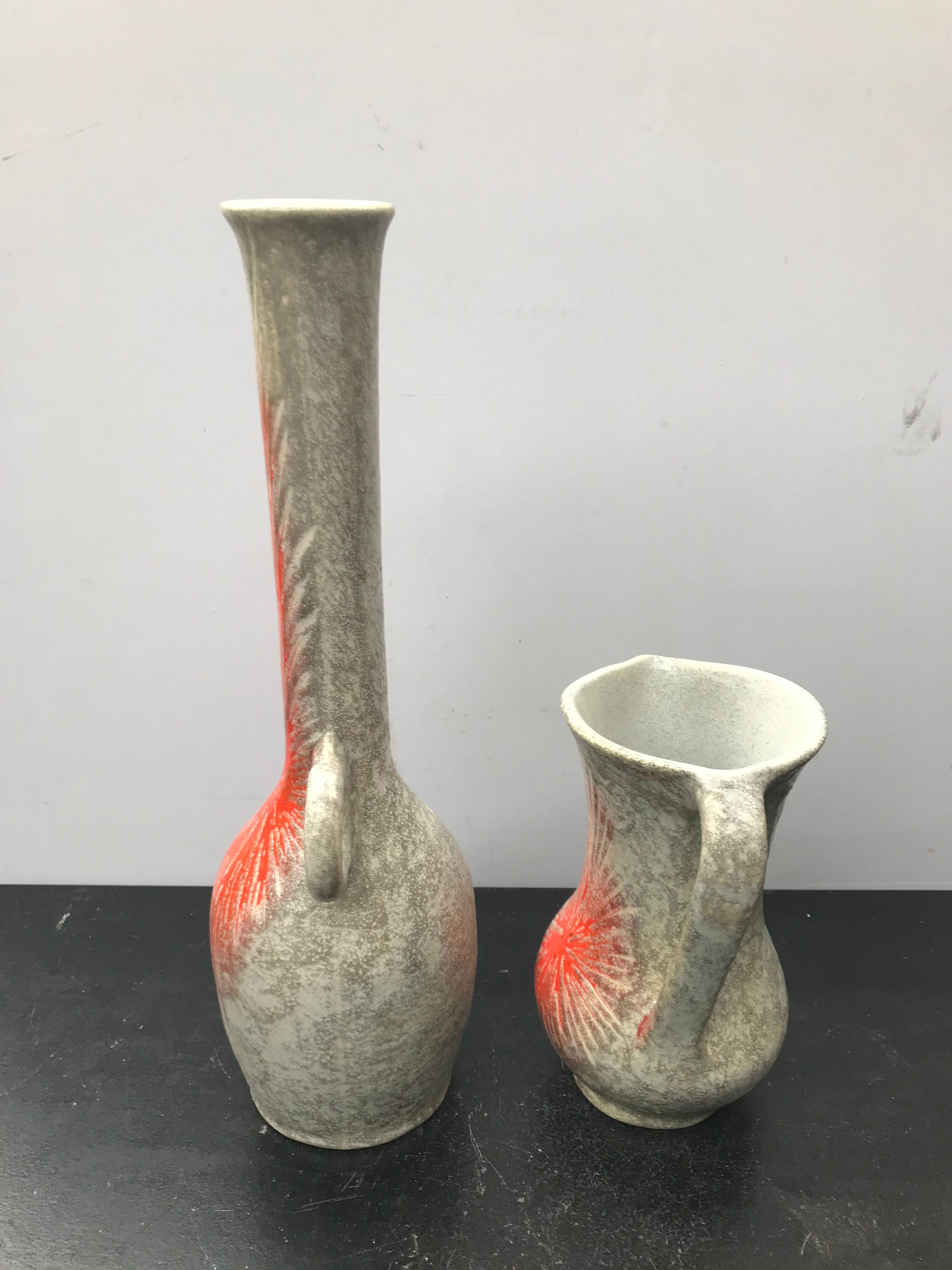 Pair Of Old Vase Ceramics Orange Orange 70s Vintage