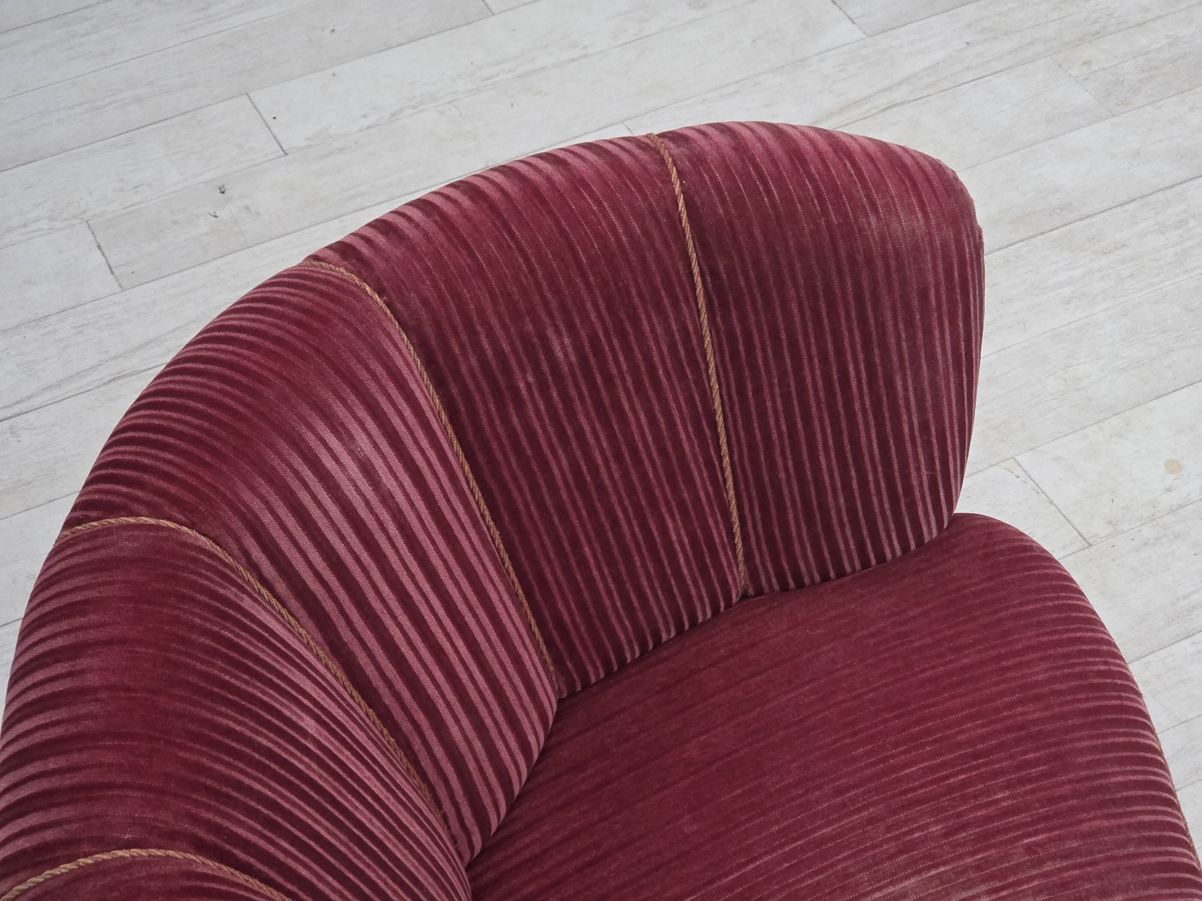 1960s, Danish 2-seater "Banana" sofa, red furniture velour, oak wood.