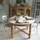 Round table with 1 extension oak base tray and patinated extension pearl gray.