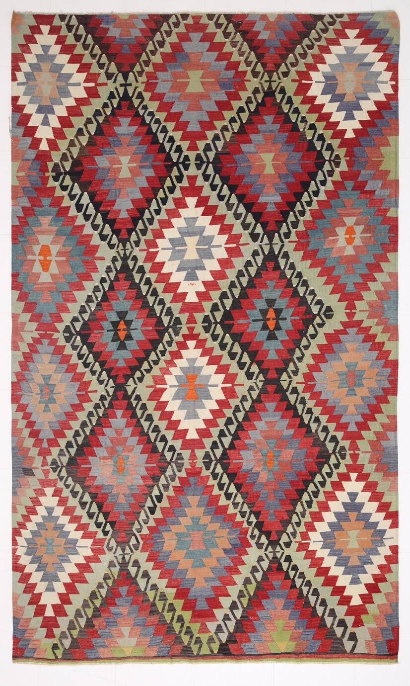 6x10 Green & Red Tribal Vintage Kilim Rug, 199x320Cm