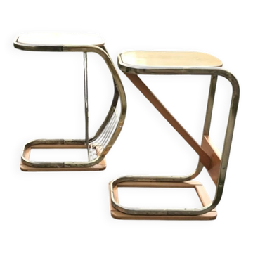 Set of 2 mid-century brown wooden side tables with magazine rack, Italy 1950s