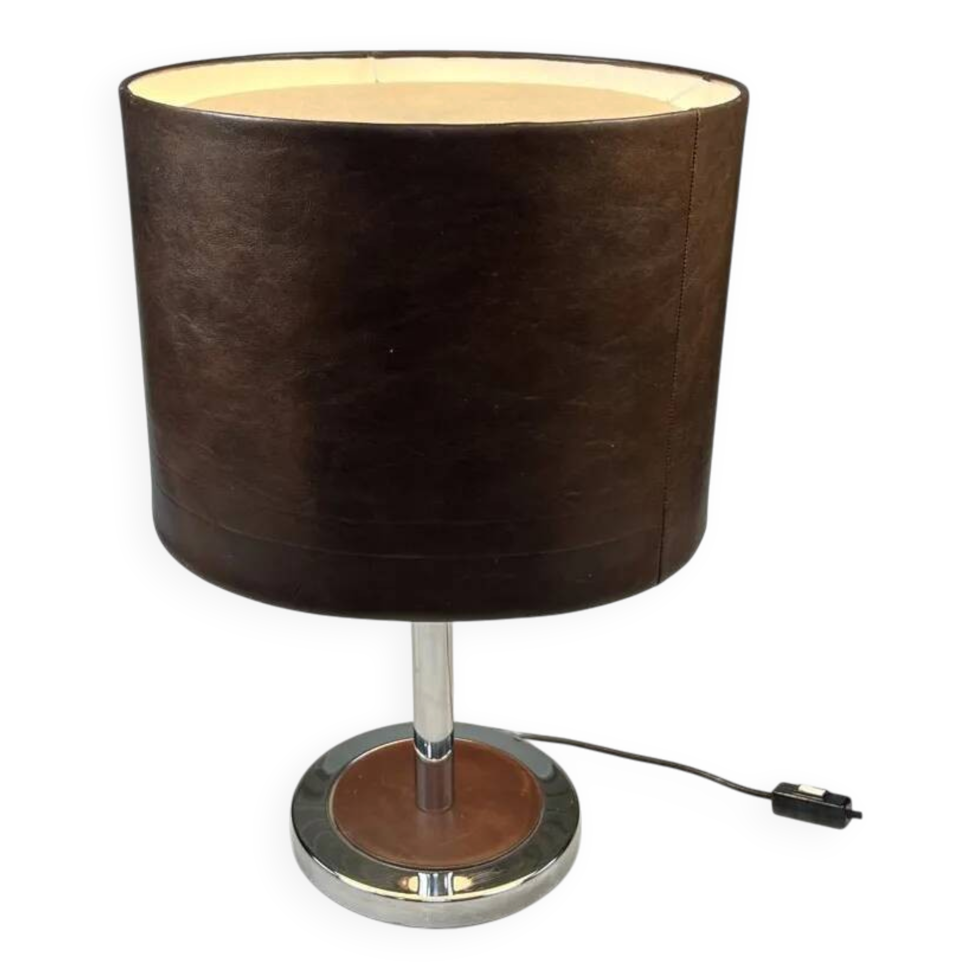 Vintage Table Lamp, Chromed Base and Leather Shade. 1970's