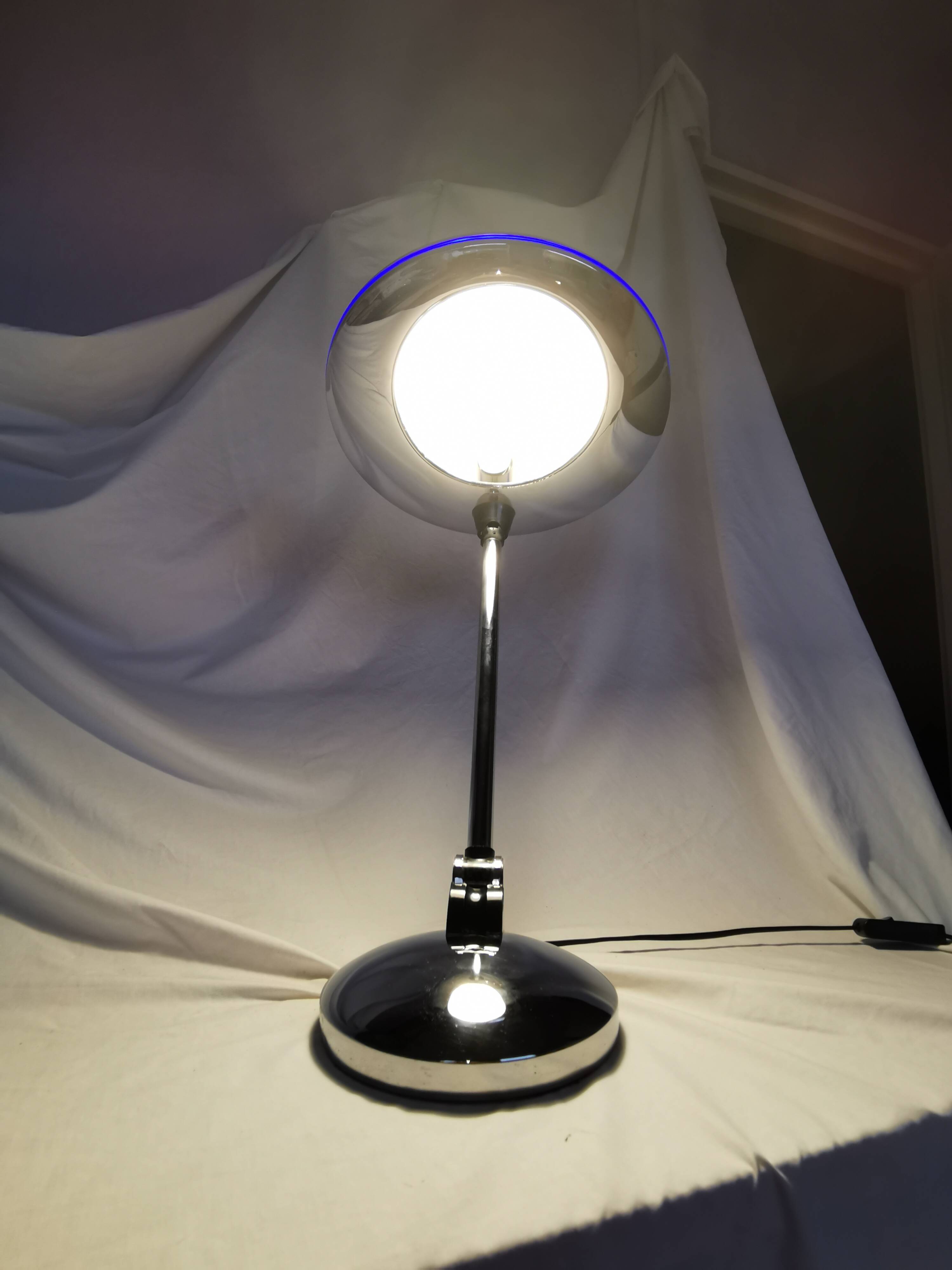 Adjustable chrome metal UFO lamp, space age, UFO, Aluminor, France, 1980.