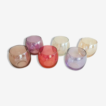 Service 6 verres multicolores verre soufflé irisé opalescent vintage