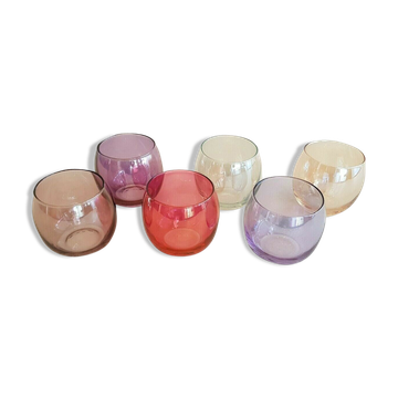 Service 6 verres multicolores verre soufflé irisé opalescent vintage