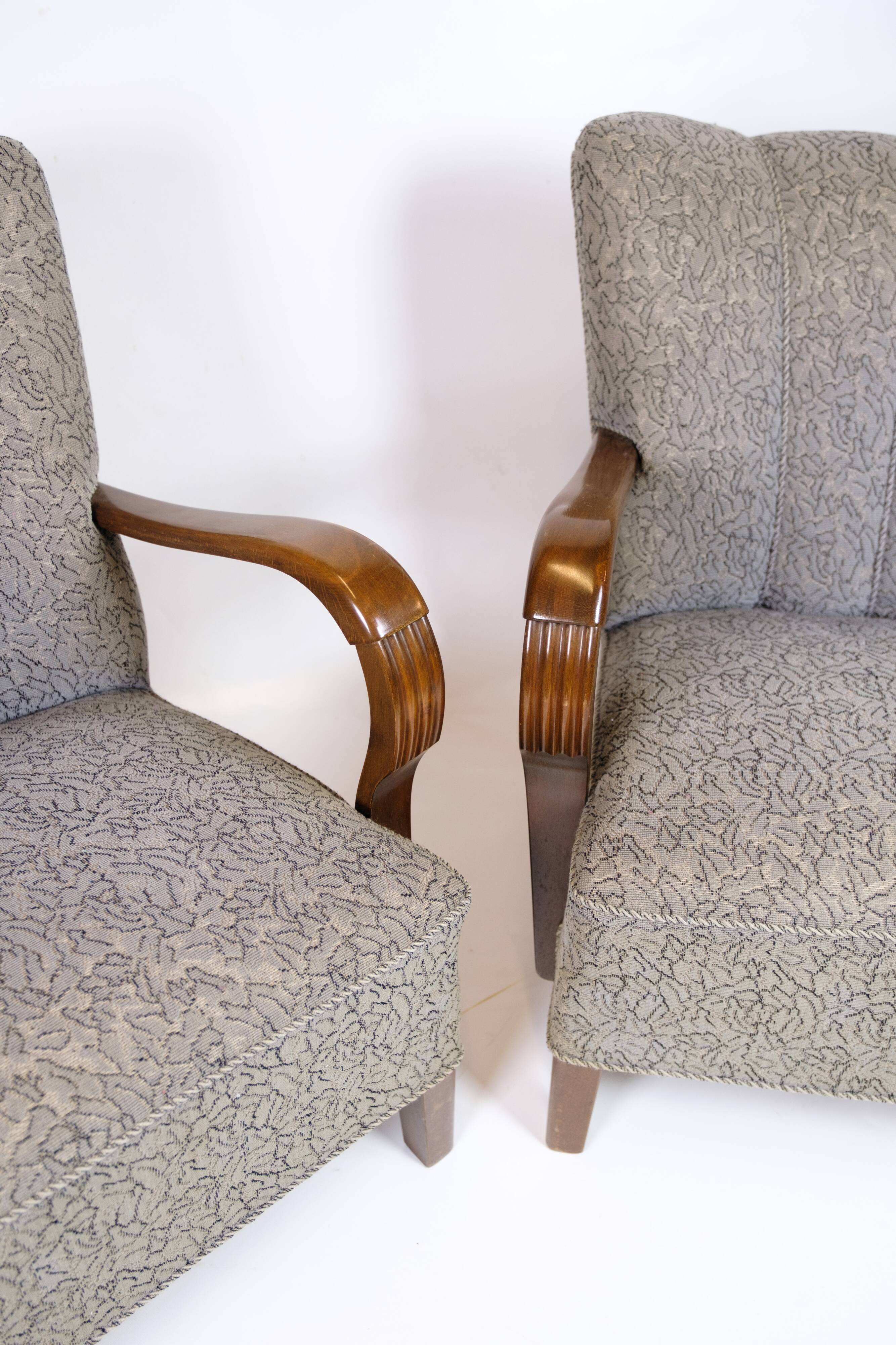 Set Of Two Armchairs In Floral Fabric & Dark Polished Wood, Danish Design From 1960s