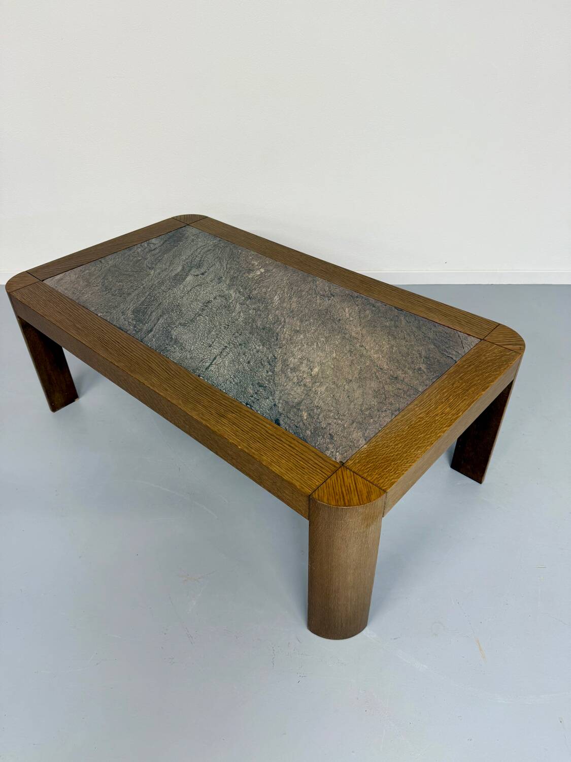 Old coffee table in wood and granite stone, vintage design from the 70s