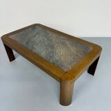 Old coffee table in wood and granite stone, vintage design from the 70s