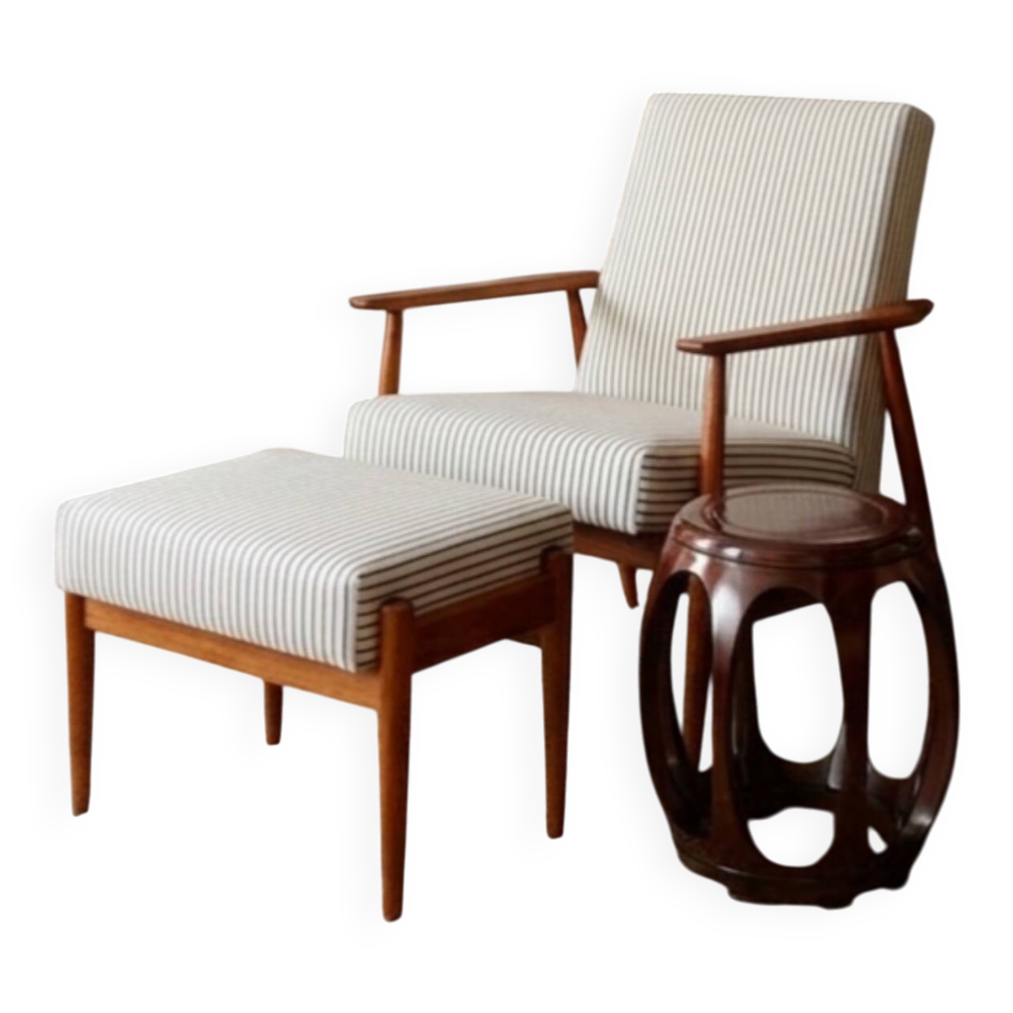 Armchair with striped fabric footrest, 1960