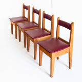 Set of 4 vintage oak wood and Eskai chairs, France 1960.