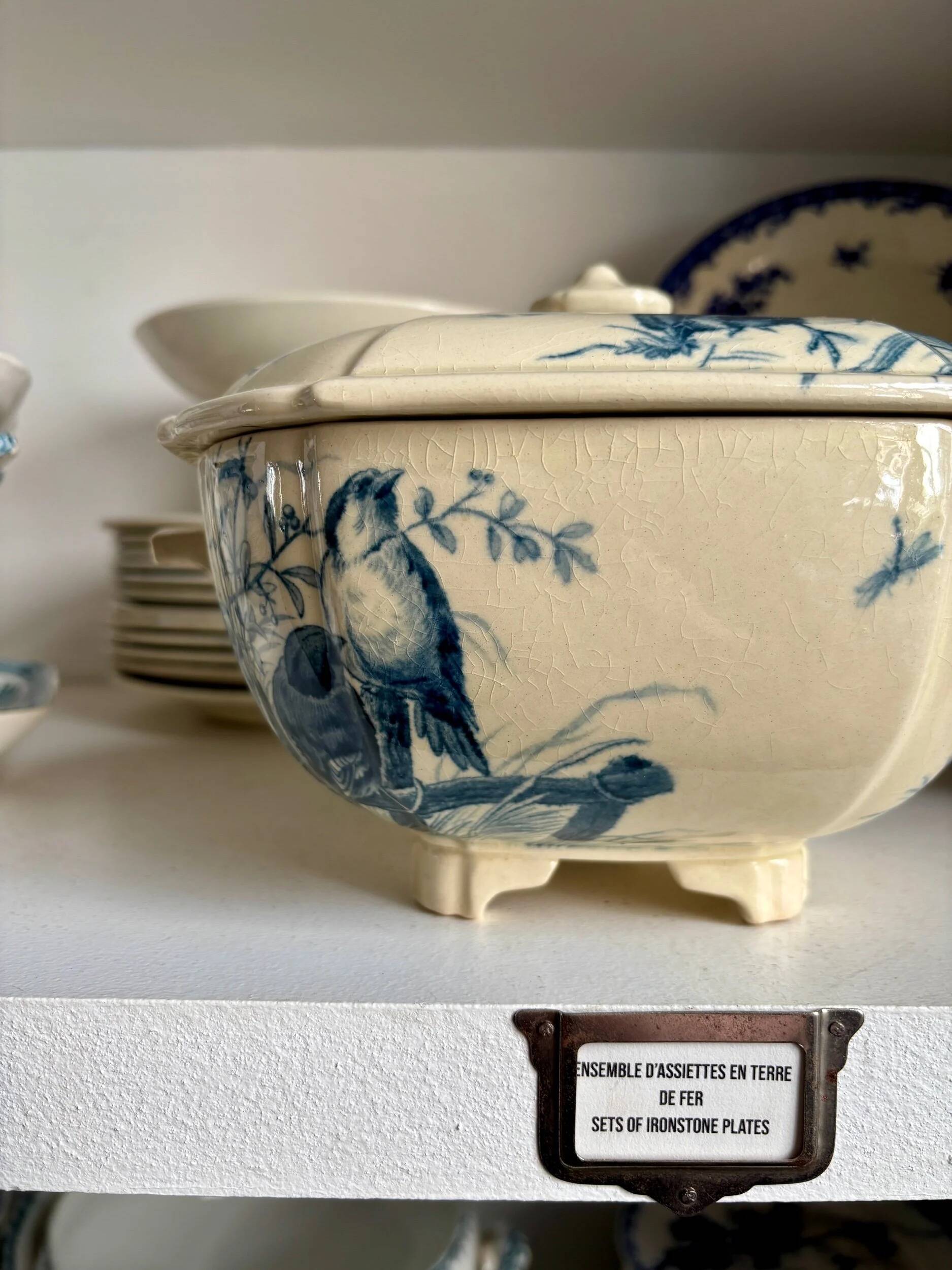 Gien ironstone soup tureen in blue, "Birds" service circa 1870.