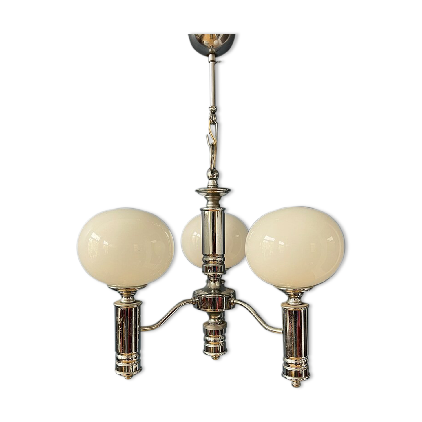 Mid-century white opaline glass chandelier with chrome frame