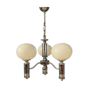 Mid-century white opaline glass chandelier with chrome frame