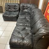 Vintage Black Leather Sofa Design Circa 1980