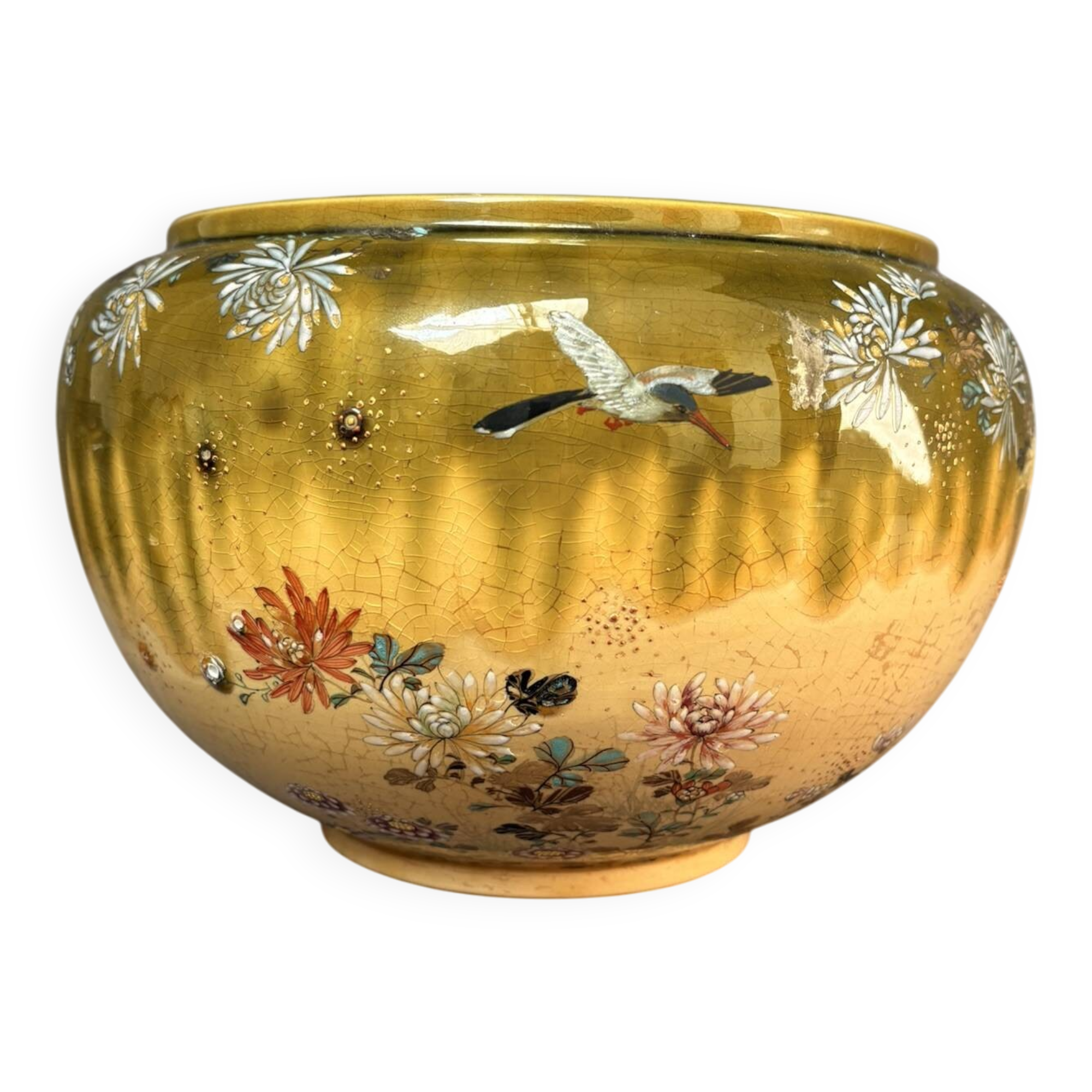 Planter, Japanese ceramic cache-pot in green, decorated with birds and flowers, Kobe Shuzan Satsuma Meiji.