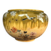 Jardinière, cache-pot japonais en céramique verte, décor oiseau, fleurs Kobe Shuzan Satsuma Meije