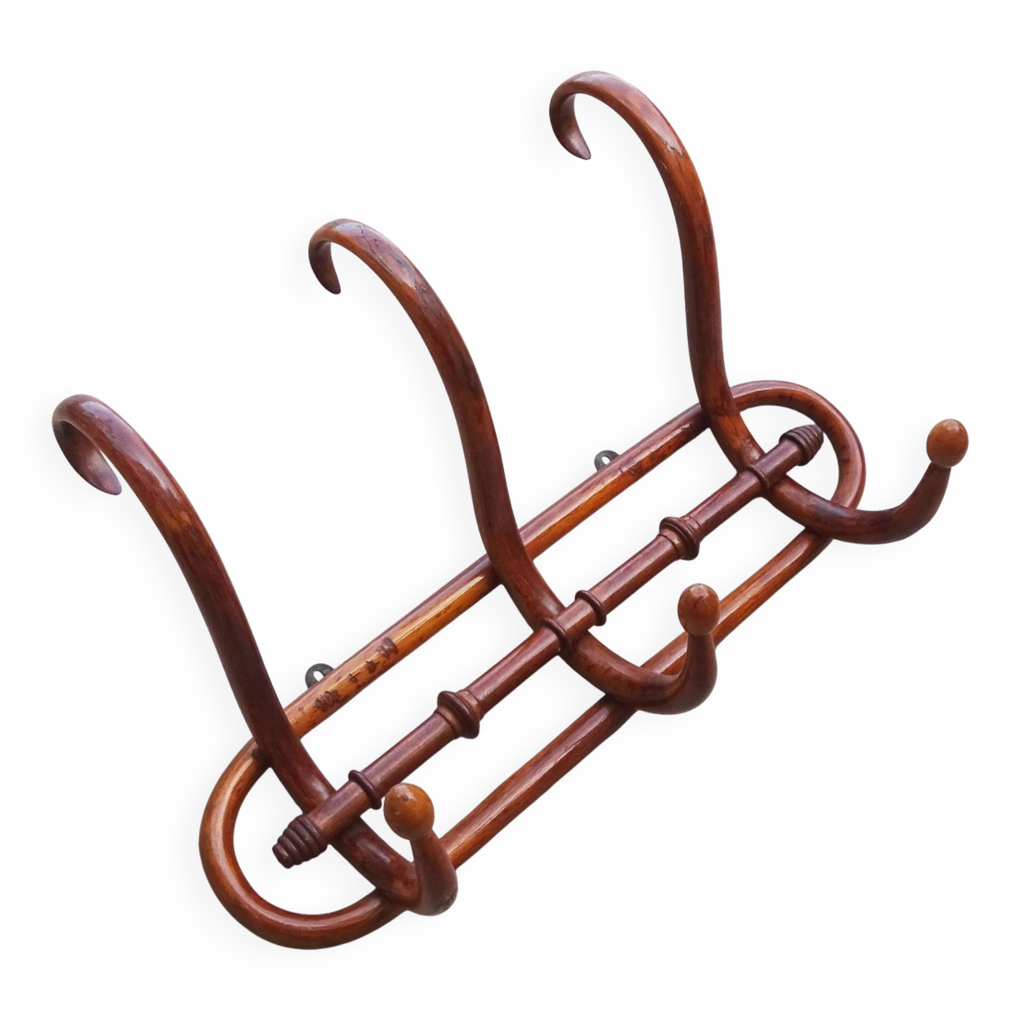 Curved wood wall coat rack bistro KOHN, around 1900, no Thonet