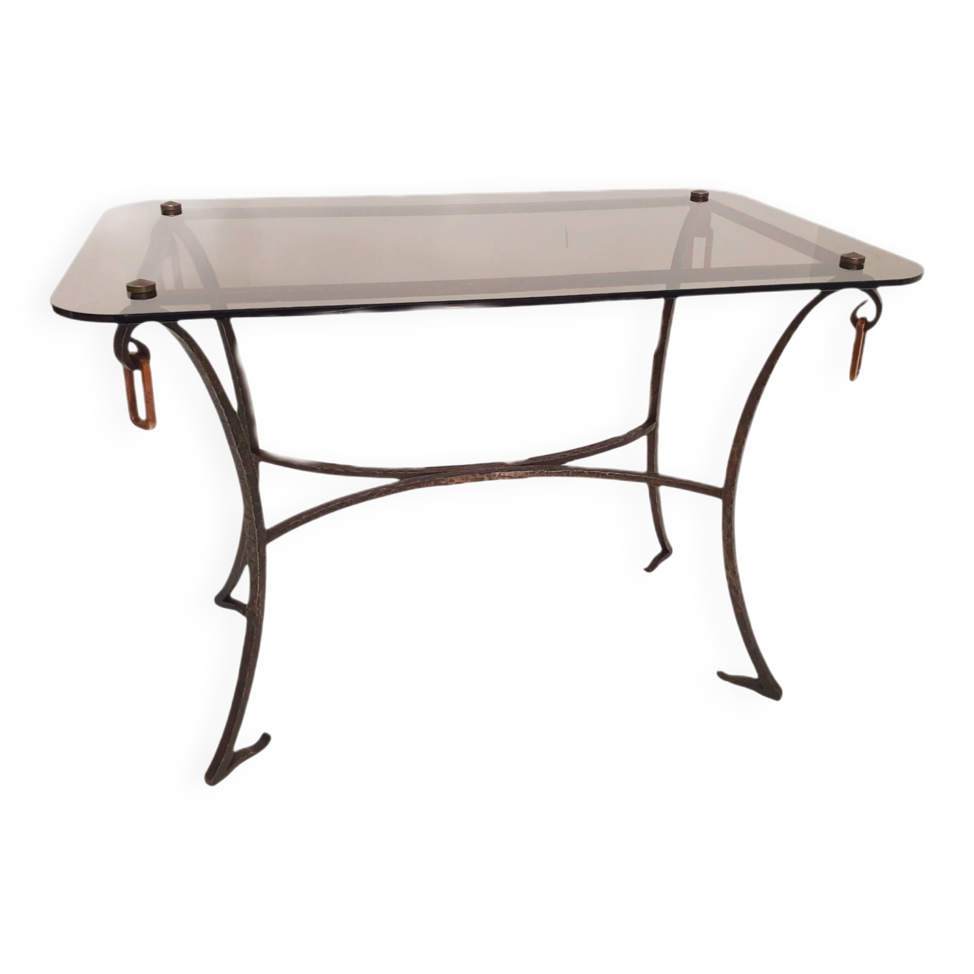 1960s/70s coffee table in wrought iron and smoked glass.