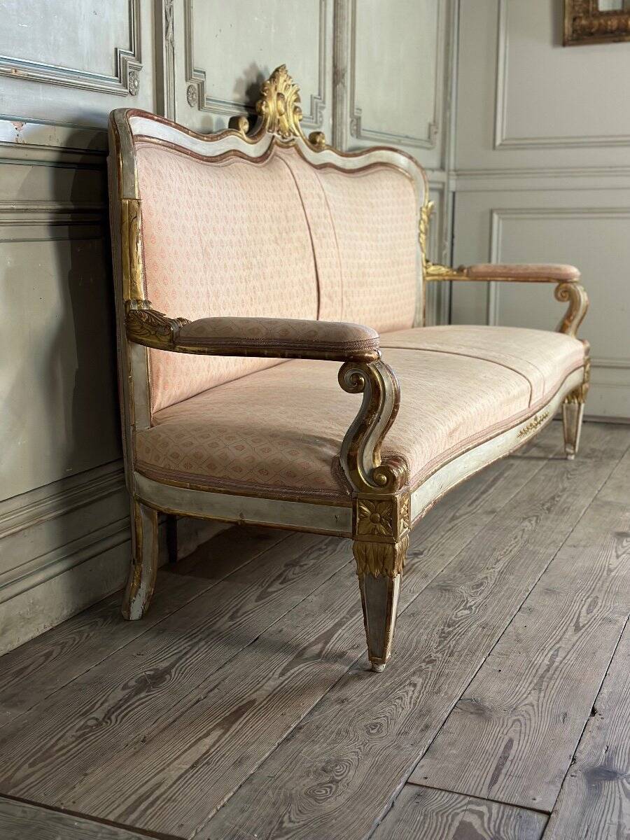 Baroque style bench in gilded and painted wood, Italy, 19th century