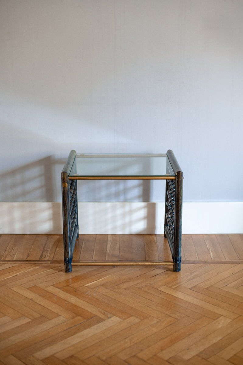 Vintage nesting tables in bamboo with glass top by Gallotti & Radice, 1970, set of 3.