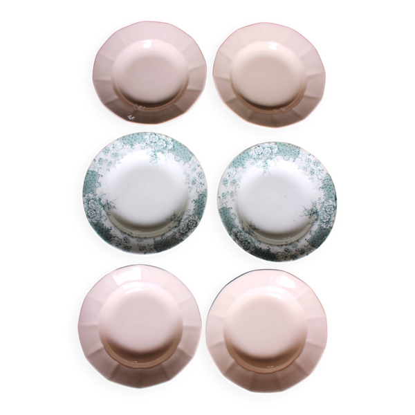 Un lot de 6 assiettes creuses Fécamp Choisy le Roi Terre de Fer Rose Digoin