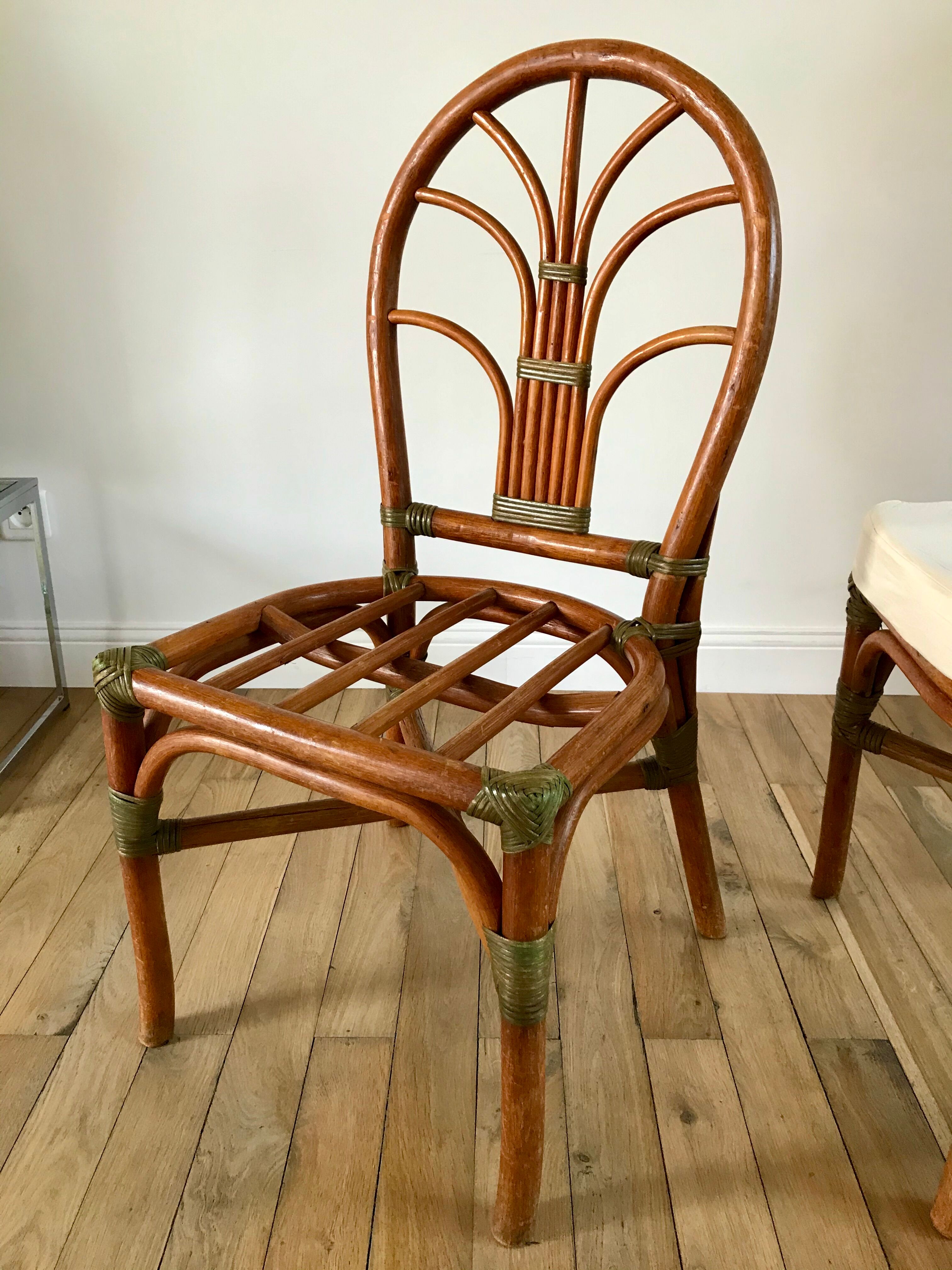Set of 3 rattan / bamboo chairs with cushions years 1960-1970