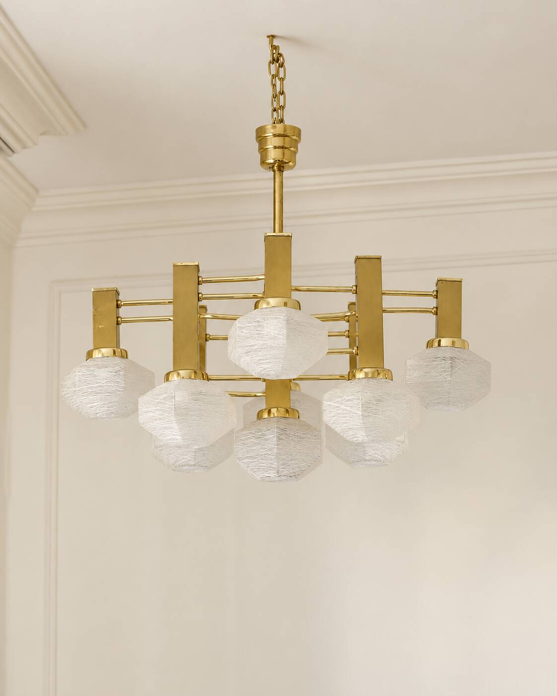 Gaetano Sciolari 1970s Italian Brass & Textured Glass 9-Light Chandelier