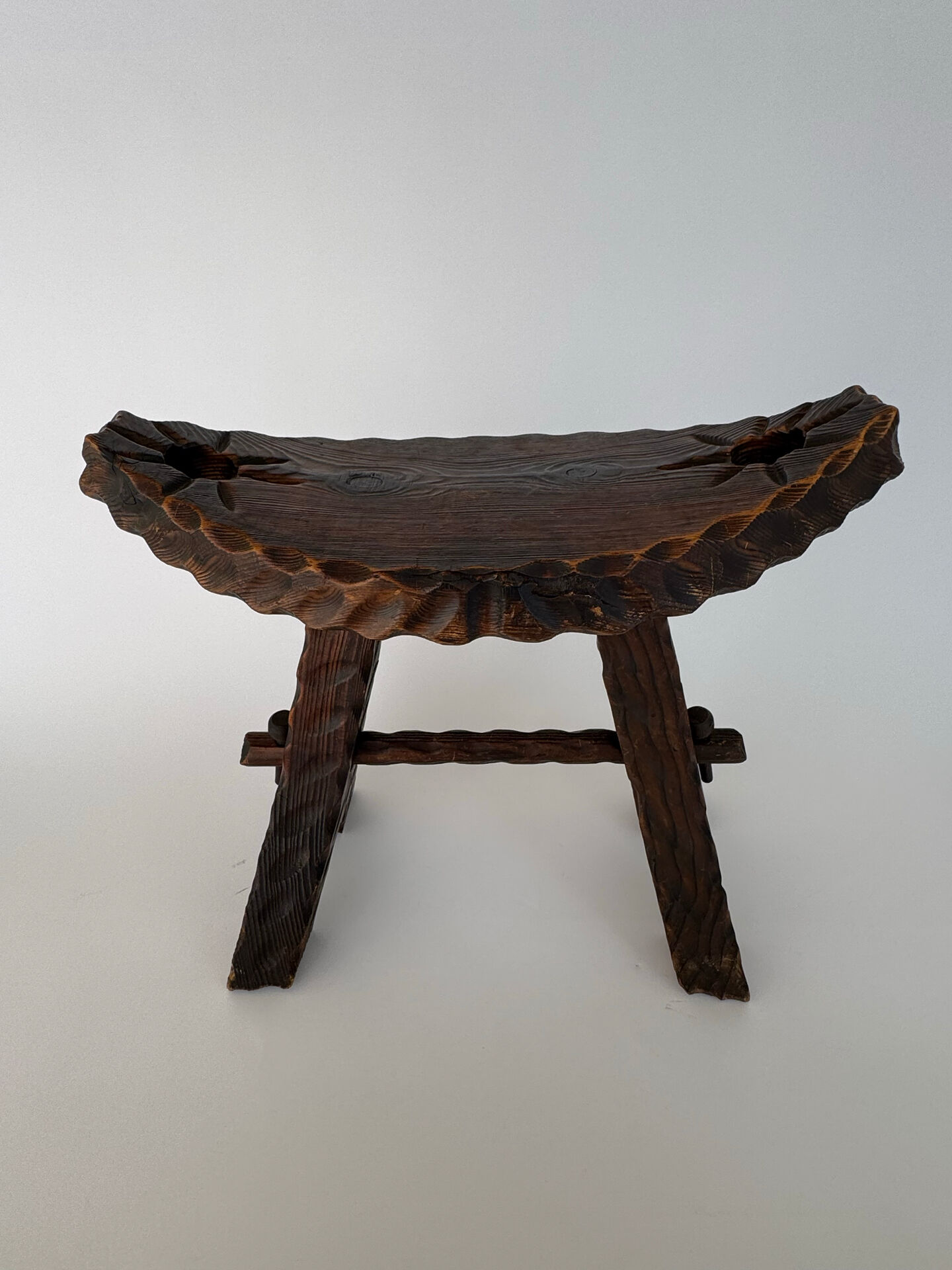Vintage Brutalist Hand Carved Wooden Stool