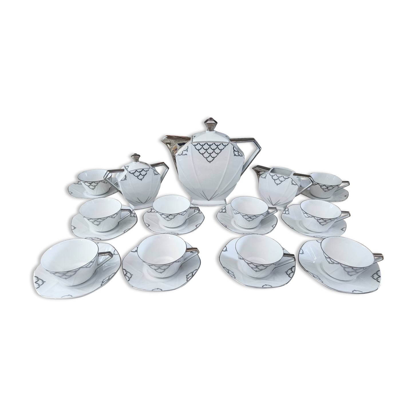Art Deco coffee service in white porcelain with silver decoration