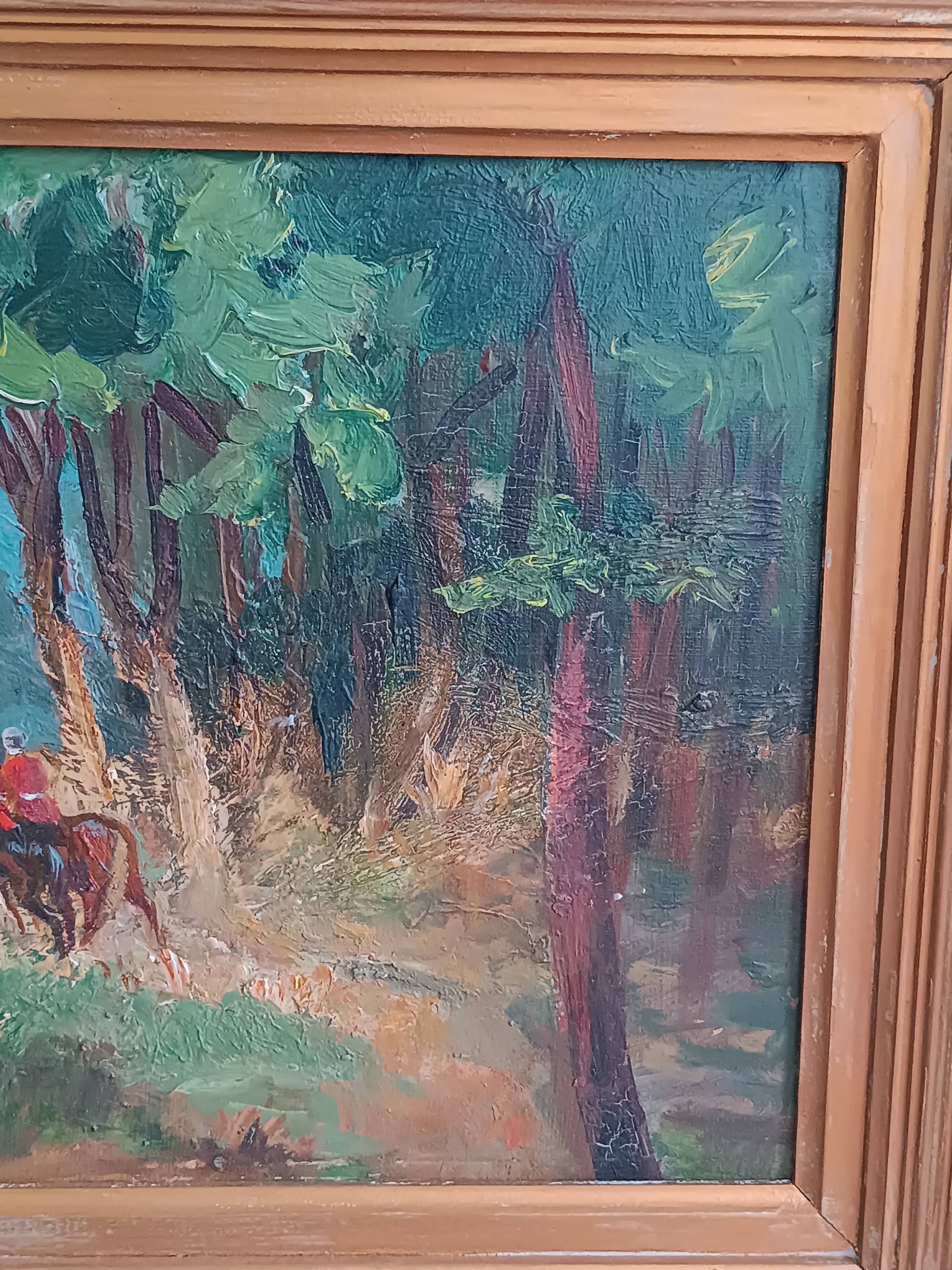 Oil painting, horseback riding in the forest