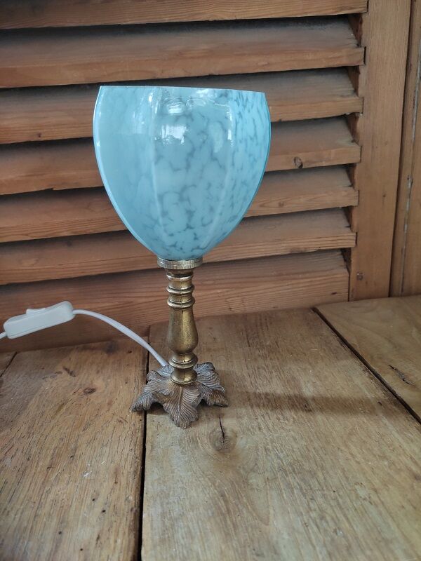 Bedside lamp patinated golden brass tulip glass Clichy bluish