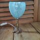 Bedside lamp patinated golden brass tulip glass Clichy bluish