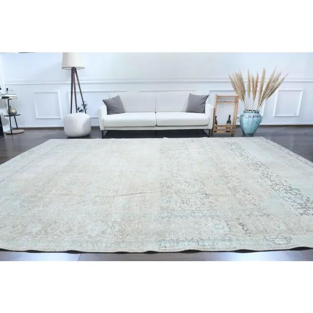 1970s Vintage Persian Handmade Wool Cotton Light Tan Area Rug 286x390