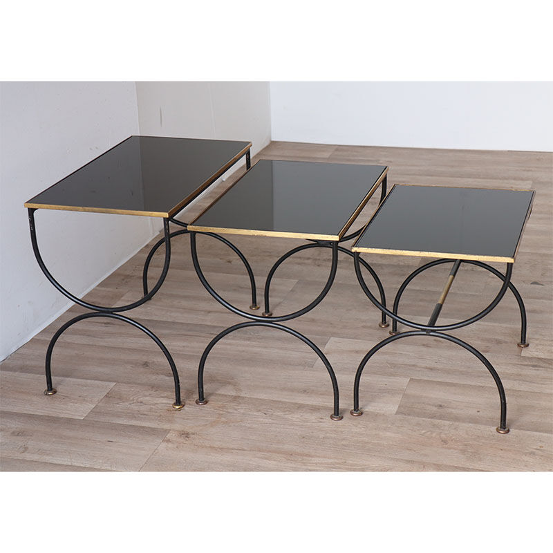 Vintage nesting tables in metal and black opaline glass 1950