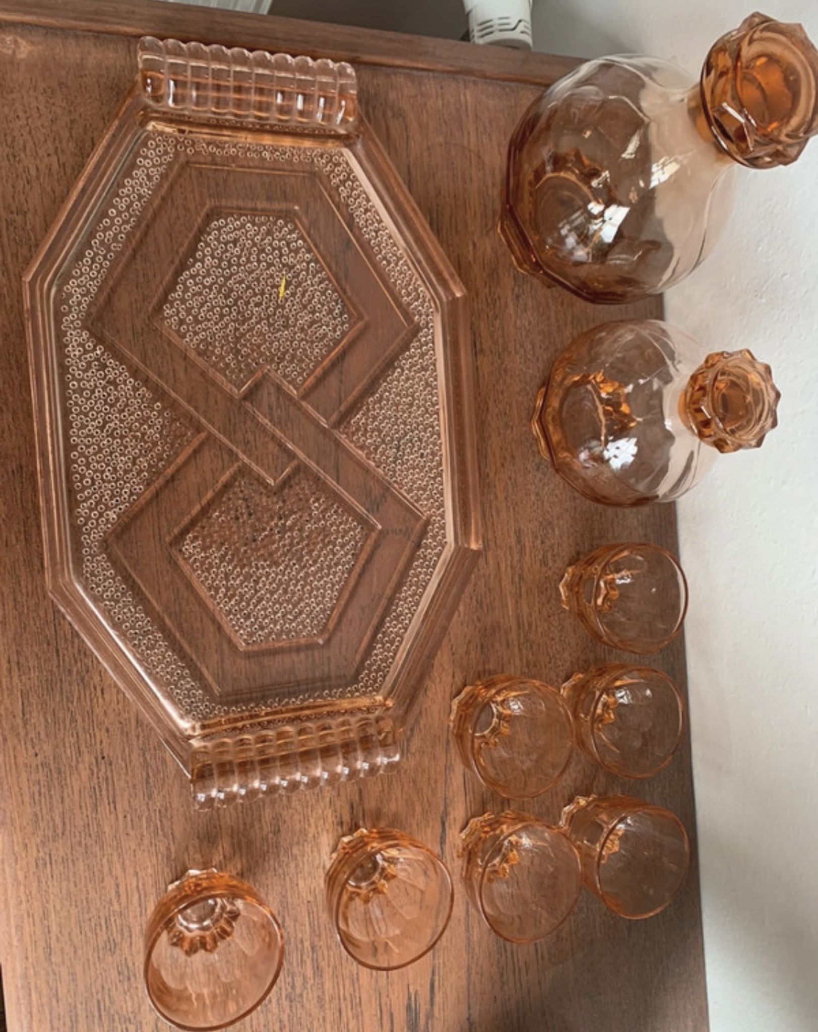 Vintage pink glass liqueur set