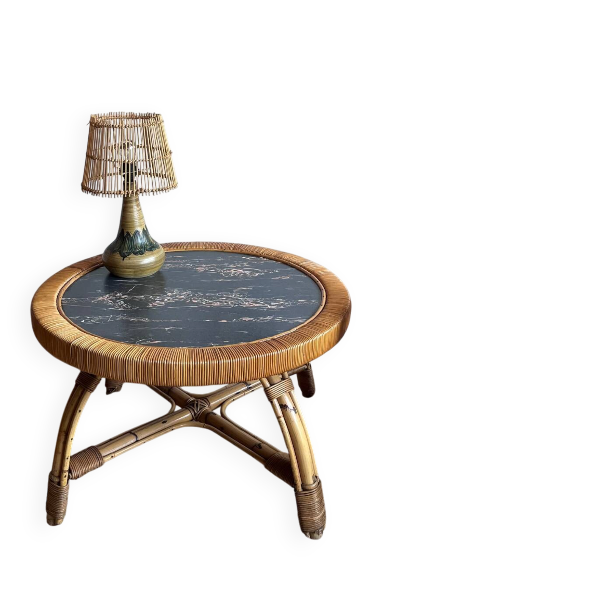 Rattan Bamboo Coffee table Marble top look